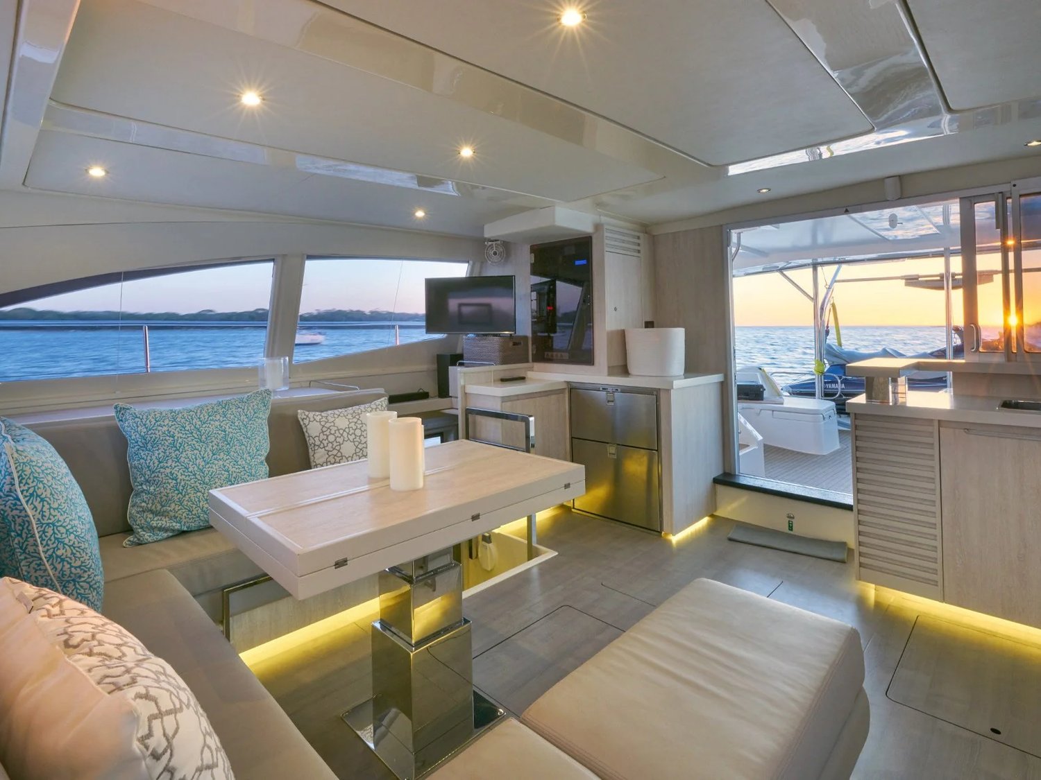 Salon interior of the Playgrounds catamaran off Tamarindo, Costa Rica